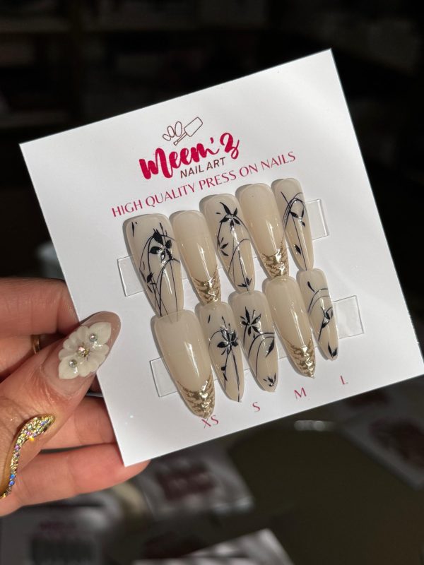 Meemz Press On Nails - Nude and Gold french with Black Flowers