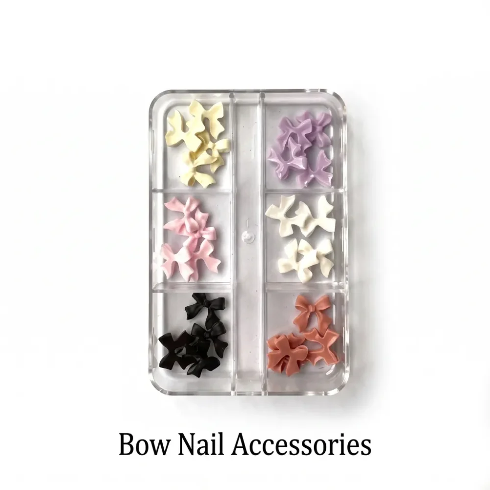 Meem'z 3D Resin Ribbon Bow Nail Charm Set showing six compartments with cream lilac pink white black and brown bow charms