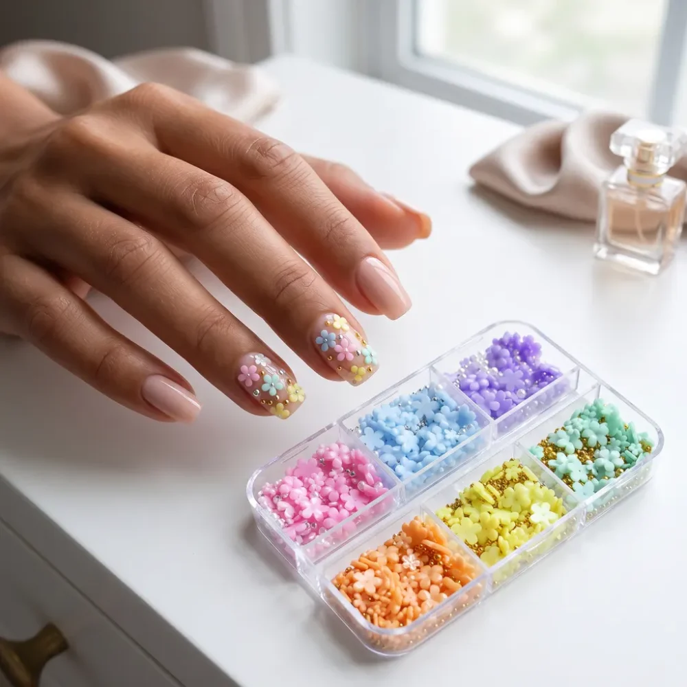 Meem'z 3D Pastel Flower Nail Charm Set showing six compartments of pink blue purple peach yellow and mint resin flowers with micro beads