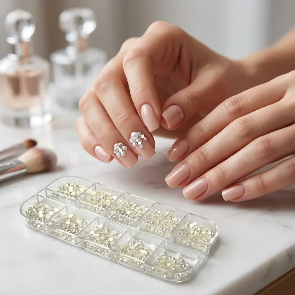 Meem'z Multi Shine and Glazed Flatback Pearl Set showing two trays of mixed size half pearls in shine and glazed finish
