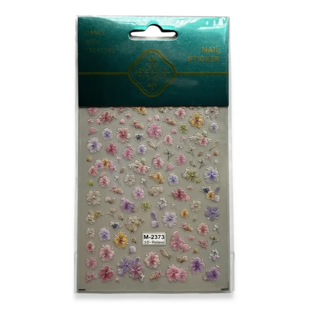 Meem'z 5D Pastel Blossom Nail Stickers M-2373 full sheet showing raised hibiscus flowers in pink lilac yellow and blue