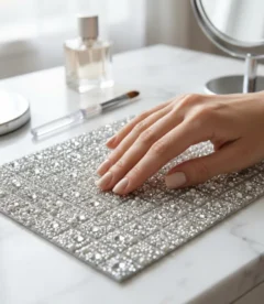Meem'z nail tech arm rest table mat crystal and pearls embellished for luxury nail workstation in Pakistan