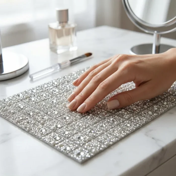 Meem'z nail tech arm rest table mat crystal and pearls embellished for luxury nail workstation in Pakistan