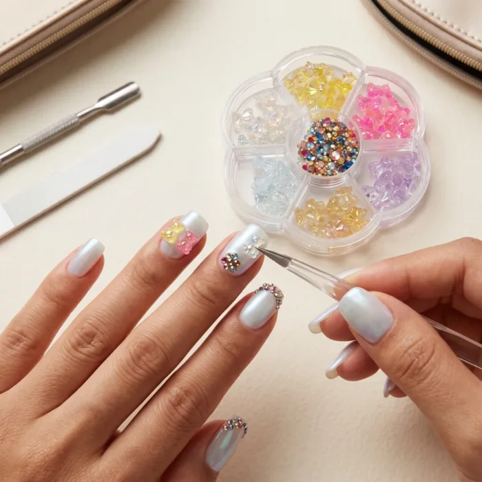 Close-up of translucent aurora jelly bear nail charms in multiple iridescent colours for nail art Close-up of translucent aurora jelly bear nail charms in multiple iridescent colours for nail art