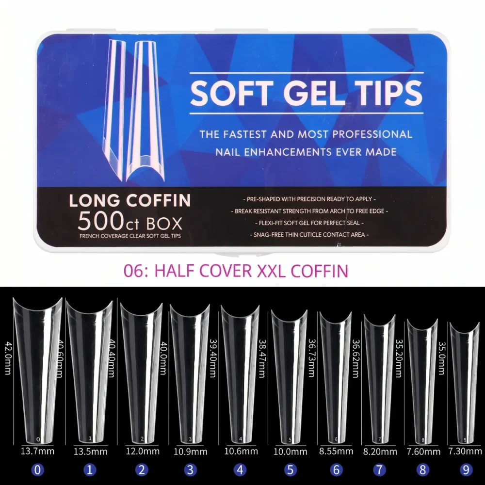 Meem'z Soft Gel Nail Tips - Long Coffin Half Cover 500pcs