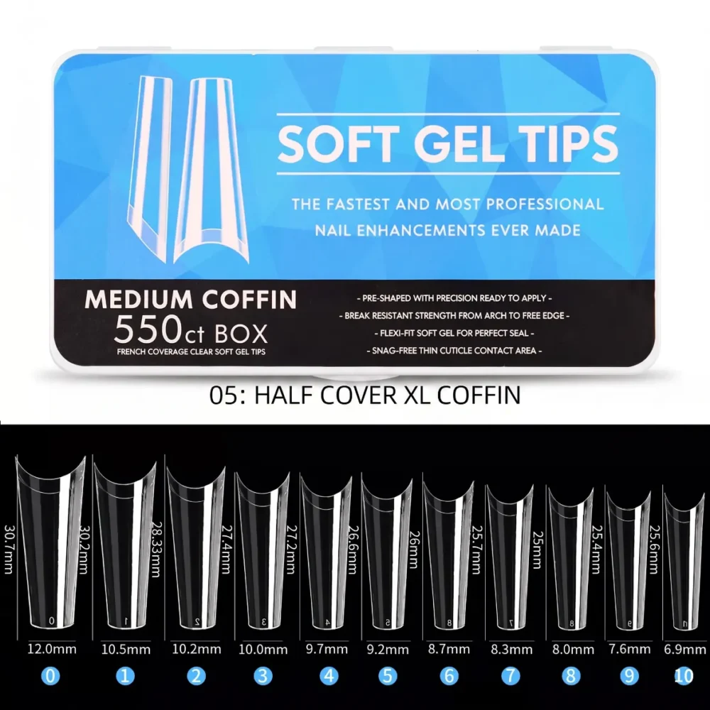 Meem'z Soft Gel Nail Tips - Medium Coffin Half Cover 550pcs