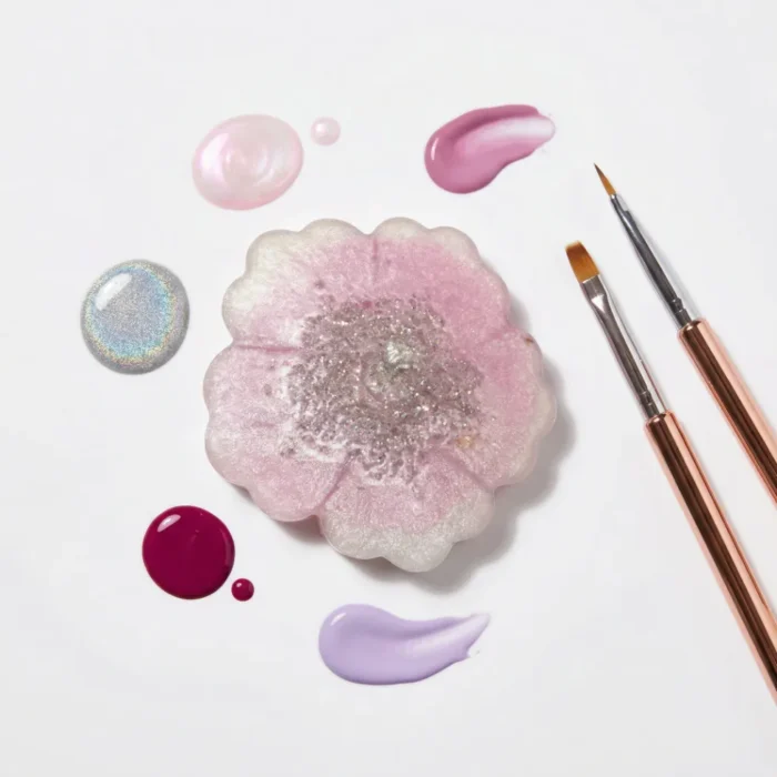 Meem'z nail colour mixing plate purple pink dahlia petal design blue center handmade resin in Pakistan