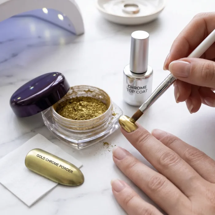 Meem'z gold chrome nail powder mirror metallic for chrome nail art in Pakistan Meem'z gold chrome nail powder mirror metallic for chrome nail art in Pakistan