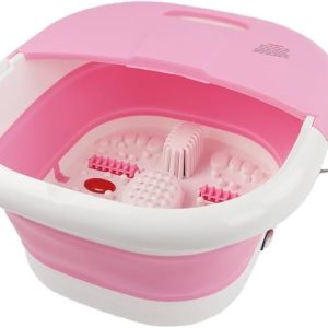 Foldable Foot Spa With Heating Bubbles Shiatsu Massager Rollers Mini Feet Bath Tub Basin Pedicure Bucket For Relieving Fatigue And Body Stress (Pink And White)